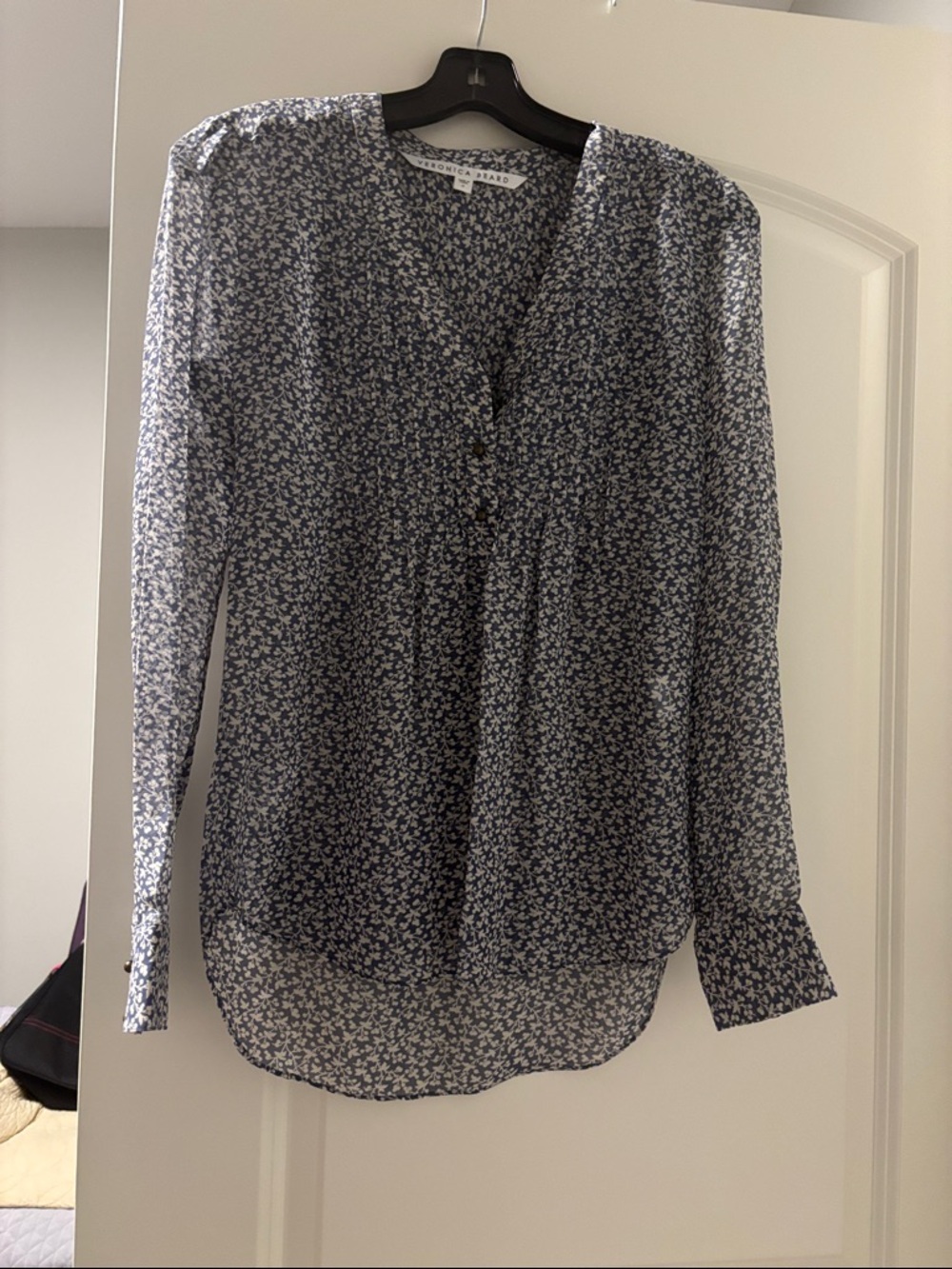 Veronica Beard Navy and White Floral Button-Front Blouse